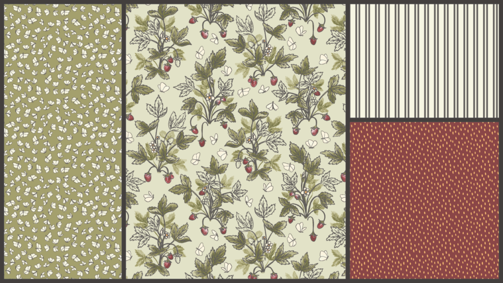four patterns, white butterflies on a green back ground, strawberry plants on a light green background, grey and cream stripe pattern, and yellow strawberry seeds on a red background